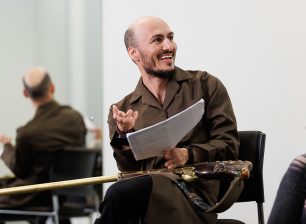 Adult performing arts student rehersing script