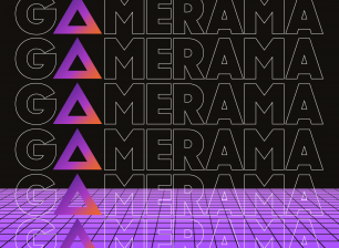 Graphic repeating the name GAMERAMA multiple times.
