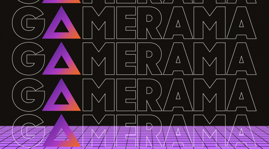 Graphic repeating the name GAMERAMA multiple times.