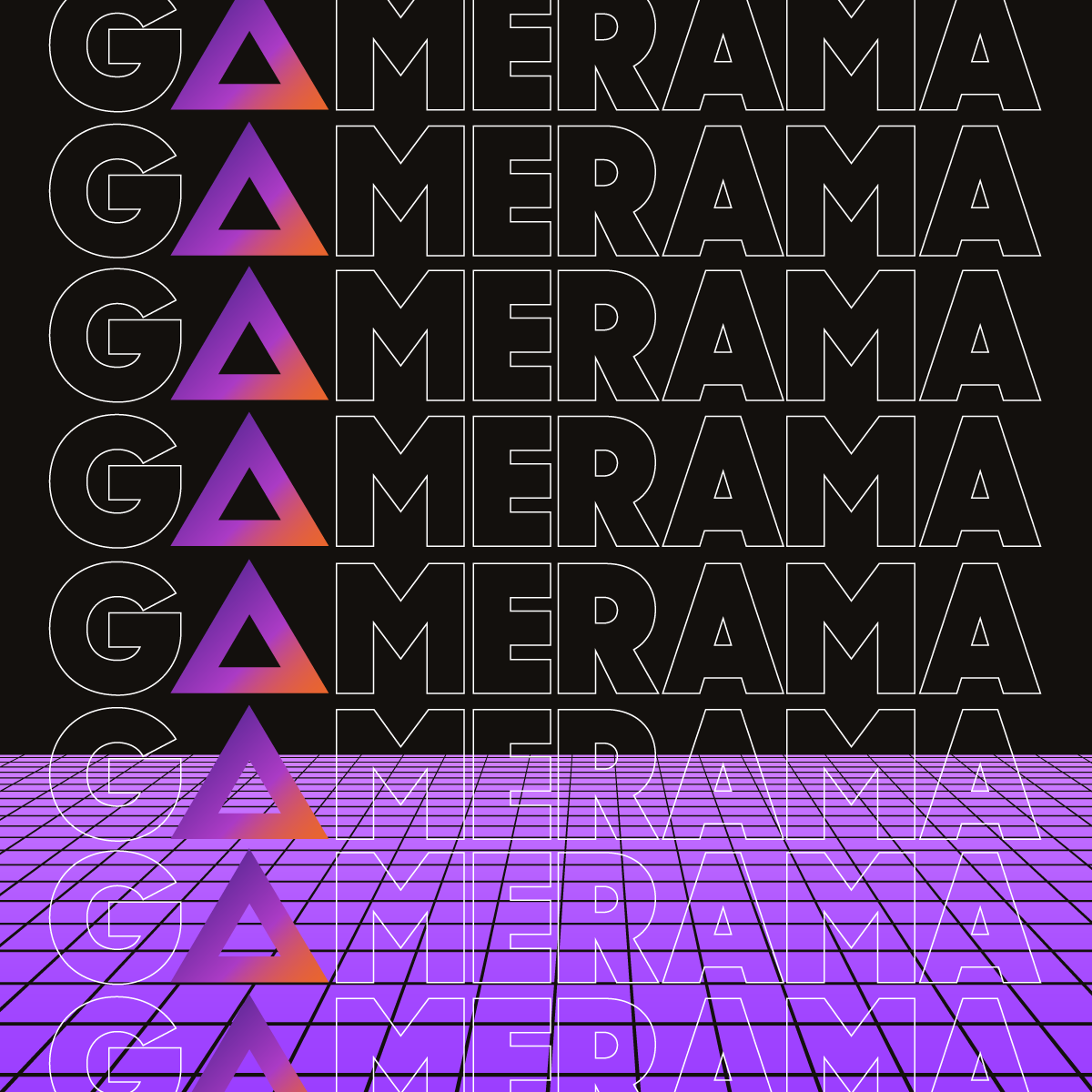 Graphic repeating the name GAMERAMA multiple times.