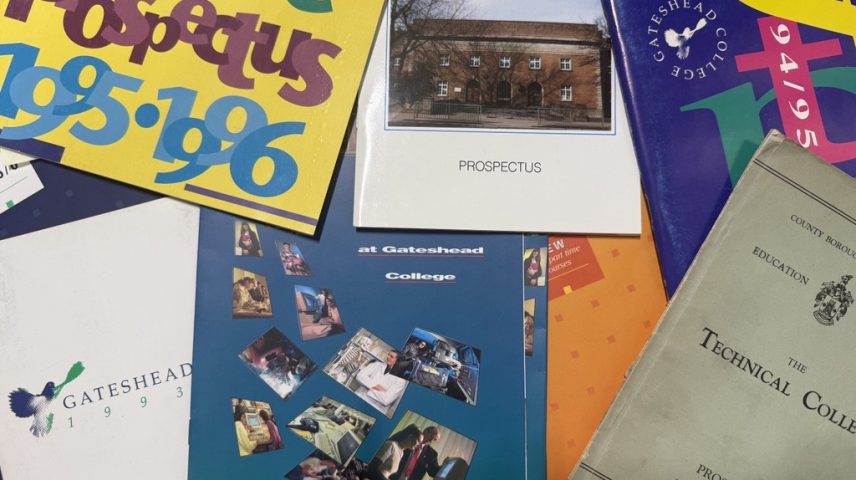 Different Gateshead College prospectuses displayed on a table