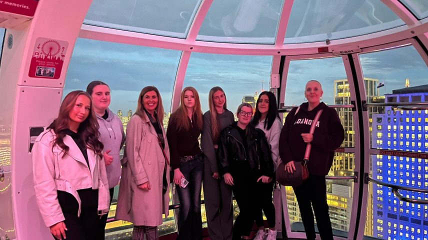 A group of students in a pod at the London Eye.